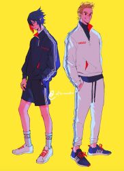 Rule 34 | 2boys, adidas, afternoontm, amajiki tamaki, black jacket, black shirt, black shorts, blonde hair, blue hair, blush, boku no hero academia, collared jacket, colored inner hair, contrapposto, cross-laced footwear, dark blue hair, drawstring, full body, grin, hand in pocket, highres, jacket, jewelry, layered clothes, looking ahead, looking at viewer, male focus, multicolored hair, multiple boys, open collar, pants, pointy ears, popped collar, profile, red hair, ring, shirt, shoelaces, shorts, simple background, smile, socks, standing, striped clothes, striped jacket, striped shorts, teeth, togata mirio, turtleneck, twitter username, unzipped, vertical-striped clothes, vertical-striped jacket, vertical-striped shorts, wavy mouth, white jacket, white pants, white shirt, white socks, yellow background, zipper, zipper pull tab