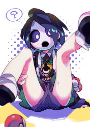 Rule 34 | 1boy, ?, ahoge, allister (pokemon), artist name, black hair, black shirt, blurry, bright pupils, collared shirt, commentary request, dated, gloves, highres, kitaya, kneepits, legs up, long sleeves, looking at viewer, male focus, mask, nintendo, partially fingerless gloves, pink eyes, poke ball, poke ball (basic), pokemon, pokemon swsh, shirt, shoes, short hair, shorts, side slit, side slit shorts, single glove, socks, solo, spoken question mark, suspender shorts, suspenders, sweatdrop
