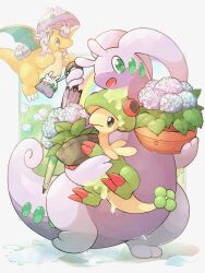 Rule 34 | animal focus, breloom, commentary request, dragon, dragonite, evolutionary line, flower pot, flying, gen 1 pokemon, gen 3 pokemon, gen 6 pokemon, goodra, goomy, green eyes, green pupils, highres, holding, holding flower pot, holding umbrella, knhb tail, nintendo, no humans, open mouth, pokemon, pokemon (creature), sliggoo, smile, sparkle, standing, tail, umbrella