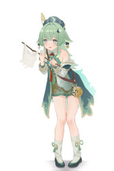 1girl ahoge animal_ears aqua_eyes aqua_tail bare_shoulders black_shoes bright_pupils collared_shirt droopy_ears flag full_body green_hair green_shirt green_shorts hair_ornament hands_up hat holding holding_flag honkai:_star_rail honkai_(series) huohuo_(honkai:_star_rail) jacket knees_together_feet_apart long_hair long_sleeves off_shoulder open_mouth paw-shaped_pupils raised_inner_eyebrows shirt shoes shorts sidelocks simple_background sleeveless sleeveless_shirt socks solo standing symbol-shaped_pupils tail thigh_gap white_background white_flag white_pupils white_socks xiaofan2005 yin_yang_hair_ornament