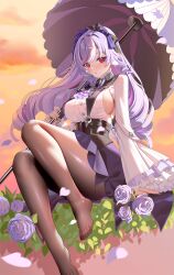 1girl absurdres ascot black_bow black_pantyhose bow breast_curtains breasts center_frills commentary_request drill_hair falling_petals flower frilled_sleeves frills hair_intakes highres holding holding_umbrella knees_up kururu_(qqqqq59508750) large_breasts long_sleeves looking_at_viewer mole mole_under_eye paid_reward_available pantyhose petals pointy_ears purple_ascot purple_bow purple_flower purple_hair purple_petals shirt shrug_(clothing) sideboob soles solo umbrella vivian_banshee white_hair white_shirt white_shrug white_streaks zenless_zone_zero