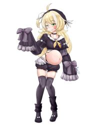 1girl :3 ahoge black_boots black_hat blonde_hair blush boots bow bra bra_peek bra_strap breasts green_eyes hair_bow hat highres inis_(vtuber) looking_at_viewer midriff panties panty_peek panty_straps pregnant runesolafrost side_ponytail signature sleeves_past_fingers sleeves_past_wrists small_breasts socks_agency standing thighhighs underwear virtual_youtuber white_background white_streaks