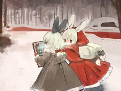 2girls animal_ears blood bow brown_dress commentary dress forest hair_bow headscarf highres holding long_dress long_hair long_sleeves multiple_girls nature original outdoors rabbit_ears rabbit_girl red_dress red_eyes red_headscarf river river_of_blood shirokujira snow standing white_hair winter
