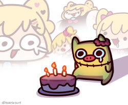 ._. 1other :d :o akai_haato artist_name birthday_cake blonde_hair cake candle chibi food full_body haaton_(akai_haato) highres hololive keenbiscuit multiple_views open_mouth plate projected_inset simple_background sitting smile solid_circle_eyes twitter_username virtual_youtuber white_background zoom_layer
