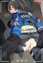 1girl absurdres afterimage ass black_gloves black_hair black_panties black_pants black_vest blue_jacket blush breasts clothes_writing commentary_request crotchless crotchless_pants from_behind glint gloves hair_between_eyes hairband hand_wave handlebar high-waist_pants highres holster holstered jacket large_breasts long_hair looking_at_viewer maron_(cwuv7557) metal_hairband multicolored_hair on_one_knee open_mouth panties pants police police_uniform policewoman ponytail pussy recording red_eyes red_hair shoulder_holster sidelocks solo streaked_hair string_panties sweat tight_clothes tight_pants timestamp two-tone_hair underwear vest viewfinder zenless_zone_zero zhu_yuan