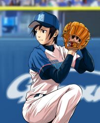 Rule 34 | 1girl, baseball cap, baseball glove, baseball uniform, black eyes, black hair, commentary request, hat, highres, long sleeves, mimiyama kiichi, original, pitching, pixiv girls&#039; pro baseball, serious, short hair, solo, sportswear, standing, standing on one leg