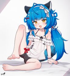1girl :3 absurdres animal_ears bare_legs barefoot bike_shorts black_shorts blue_hair blue_nails boppin cameltoe chromashift commentary flat_chest full_body halterneck highres loli looking_at_viewer low_twintails nail_polish off-shoulder_shirt off_shoulder open_mouth poko_rakun raccoon_ears raccoon_girl raccoon_tail shirt short_shorts shorts solo tail thick_eyebrows toes twintails v-shaped_eyebrows variant_set virtual_youtuber white_shirt yellow_eyes