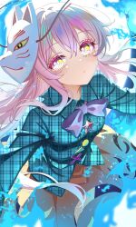 1girl absurdres backlighting blue_fire bow bowtie breasts bubble_skirt buttons closed_mouth colored_eyelashes cowboy_shot expressionless fire floating_hair fox_mask hair_between_eyes hair_ornament hata_no_kokoro highres light_blush long_hair mask mask_on_head noh_mask pink_hair plaid_clothes plaid_shirt purple_bow purple_bowtie shirt skirt small_breasts solo torikaze785 touhou very_long_hair yellow_eyes