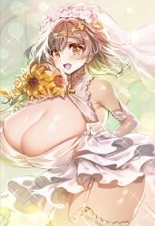 1girl atelier_(series) atelier_ryza bare_shoulders breasts bridal_gauntlets bridal_veil bride brown_eyes brown_hair cleavage clothes_lift cowboy_shot dress flower hair_ornament highres huge_breasts light_blush looking_at_viewer manyuu_kaeru_tasuke_sansei open_mouth pantyhose reisalin_stout short_hair skirt skirt_lift solo thighhighs thighs veil wedding_dress white_bridal_gauntlets white_dress white_thighhighs yellow_flower