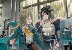 2girls ^_^ animal_ears arknights black_choker blue_bow blue_jacket bow bowtie breasts brown_eyes brown_hair choker closed_eyes collared_shirt dog_ears dog_girl dress dress_flower female_focus flower fox_ears fox_girl fur-trimmed_jacket fur_trim green_jacket hair_bow hand_on_own_chin hand_on_own_hip highres holding indoors industrial_pipe jacket long_sleeves multiple_girls open_clothes open_jacket open_mouth perfumer_(arknights) podenco_(arknights) ponytail shirt small_breasts striped_bow teeth upper_teeth_only valve vial welt_(kinsei_koutenkyoku) white_dress white_flower white_shirt window yellow_bow yellow_bowtie