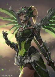 1girl armor artist_name blonde_hair breasts cloud cloudy_sky commentary cowboy_shot dragoon dragoon_mercy embers english_commentary eyeshadow female_focus gauntlets glowing green_armor green_eyes green_eyeshadow helm helmet high_ponytail highres holding holding_staff light_particles looking_away makeup medium_hair mercy_(overwatch) nibelart nose official_alternate_costume overwatch overwatch_1 pauldrons ponytail realistic scale_armor shoulder_armor signature sky small_breasts smoke solo staff