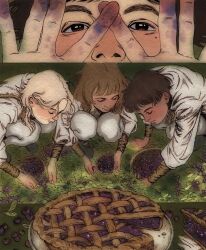 3boys black_hair blonde_hair blueberry brown_eyes brown_hair child foliage food fruit grass highres long_hair long_sleeves looking_at_viewer multiple_boys multiple_views original outdoors painting_(medium) pants picking_fruit pie shirt short_hair squatting traditional_media vinsenta watercolor_(medium) white_pants white_shirt wizard