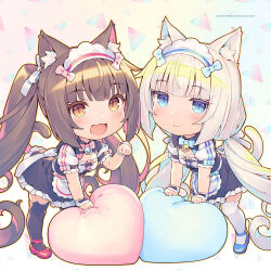 2girls :3 :d animal_ear_fluff animal_ear_legwear animal_ears apron bell black_thighhighs blue_bow blush bow brown_eyes brown_hair cat_ear_legwear cat_ear_thighhighs cat_ears cat_girl cat_tail cat_thighhighs chibi chocola_(nekopara) closed_mouth flat_chest full_body hair_ribbon heart heart-shaped_pillow long_hair looking_at_viewer low_twintails maid maid_apron maid_headdress multiple_girls neck_bell nekopara official_art open_mouth paw_pose pillow pink_bow ribbon sayori_(neko_works) shoes short_sleeves siblings sisters slit_pupils smile standing tail thighhighs twins twintails vanilla_(nekopara) very_long_hair white_ribbon white_thighhighs white_wrist_cuffs wrist_cuffs