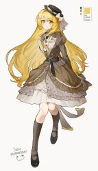 Rule 34 | 1girl, absurdres, black hat, black shoes, blonde hair, blush, bow, bowtie, brown bow, brown bowtie, brown jacket, brown skirt, brown socks, closed mouth, color guide, commentary, frilled skirt, frills, full body, hat, hat bow, highres, jacket, juliet sleeves, kneehighs, long hair, long sleeves, mary janes, nanagom, original, puffy sleeves, ribbed socks, shoes, simple background, skirt, smile, socks, solo, standing, twitter username, white background, white bow, yellow eyes
