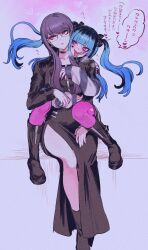 2girls absurdres amemiya_darumi blue_hair boots bow colored_tips hair_bow highres leggings long_hair multicolored_hair multiple_girls pink_eyes pink_leggings purple_hair red_eyes shizuhara_hiruko side_slit skr_umum the_hundred_line_-last_defense_academy- twintails