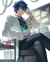 1boy black_pants blue_hair closed_mouth coat glasses green_eyes highres holding holding_test_tube leos_vincent leos_vincent_(1st_costume) looking_at_viewer male_focus nijisanji nijisanji_en pants sitting smile solo test_tube tsugutoku virtual_youtuber white_coat