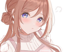 1girl :t absurdres blue_eyes blush brown_hair closed_mouth commentary_request dress gakuen_idolmaster hair_bun hanilz highres himesaki_rinami idolmaster long_hair looking_at_viewer pink_dress pout shirt simple_background single_hair_bun solo upper_body white_background white_shirt