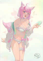 1girl absurdres animal_ear_fluff animal_ears antenna_hair arm_cutout artist_name bikini blush breasts choker cleavage clothing_cutout cross-laced_clothes cross-laced_cutout flower_collar food frilled_bikini frilled_choker frilled_hoodie frilled_thigh_strap frills gradient_choker hakui_koyori hakui_koyori_(summer) heart heart_background heart_bikini highres holding holding_food holding_popsicle hololive large_breasts leg_ribbon looking_at_viewer luirck multi-strapped_bikini_top open_mouth pink_choker pink_hair popsicle purple_eyes ribbon smile solo swimsuit tail thigh_strap thighs two-tone_choker two-tone_hoodie virtual_youtuber white_background white_bikini wolf_ears wolf_girl wolf_tail