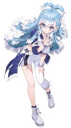 1girl absurdres amagai_tarou asymmetrical_pants blue_eyes blue_hair blue_shrug blush boots collared_shirt colored_tips commentary ekao english_commentary full_body hair_between_eyes half_updo highres hololive hololive_idol_uniform_(color_rise) hololive_indonesia kobo_kanaeru lace-up_boots leaning_forward long_hair looking_at_viewer mixed-language_commentary multicolored_hair official_alternate_costume official_art parted_lips second-party_source shirt simple_background solo three-quarter_sleeves transparent_background two-tone_hair very_long_hair virtual_youtuber white_boots white_hair