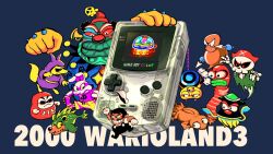2boys anonster arm_up black_footwear black_hair black_overalls black_pants blue_background buck_teeth cleats closed_mouth colored_sclera commentary copyright_name daruma_doll dated doll_boy_(wario_land) english_commentary facial_hair fish frown game_boy game_boy_color gloves grin handheld_game_console hat helio_(mario) highres hood hood_up jamano looking_at_another mario_(series) muddee multiple_boys mustache nintendo octo_(mario) overalls pants pesce pointy_ears rayman_limbs red_headwear red_sclera rinabee_(rinabele0120) rudy_the_clown sharp_teeth shirt shoes shoot_(wario_land) short_hair short_sleeves shorts shpes simple_background skull skull_print smile spikes squid t-shirt teeth unworn_hat unworn_headwear v-shaped_eyebrows wario wario_land wario_land_3 white_gloves white_headwear white_shirt wolfenboss wormwould yellow_eyes yellow_shorts