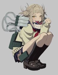 Rule 34 | 1girl, bandana, betti (xx betti), black socks, blonde hair, blood, blood on tongue, bloody knife, blue bandana, blue skirt, boku no hero academia, canister, cardigan, double bun, fang, full body, grey background, hair bun, highres, holding, holding knife, hose, kneehighs, knife, loafers, looking at viewer, messy hair, military vehicle, miniskirt, motor vehicle, narrowed eyes, neckerchief, open mouth, pleated skirt, pouch, red neckerchief, shoes, simple background, skirt, slit pupils, smile, socks, solo, squatting, tank, teeth print, thigh pouch, toga himiko, yellow cardigan, yellow eyes