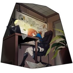 Rule 34 | 1girl, black boots, boots, breasts, chair, closed eyes, computer, desk, english text, gloves, high heel boots, high heels, high ponytail, honkai (series), honkai impact 3rd, indoors, lamp, laptop, murata himeko, murata himeko (arctic kriegsmesser), official art, paper, ponytail, red hair, sitting, sleeping, solo, third-party source, transparent background