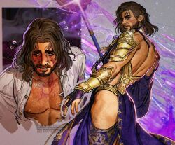 1boy armor armored_gloves baldur&#039;s_gate baldur&#039;s_gate_3 beard bikini_armor blush brown_hair chest_hair chest_tattoo coat commentary_request copyright_request dungeons_&amp;_dragons dungeons_&amp;_dragons earrings facial_hair gale_(baldur&#039;s_gate) gold_armor highres holding holding_staff jewelry long_coat long_hair male_focus open_clothes open_coat purple_coat shirt single_earring staff tattoo umikochannart white_shirt