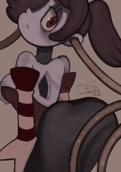 1girl ass bags_under_eyes brown_background colored_skin cowboy_shot detached_collar detached_sleeves dress eyeshadow from_behind frown hair_over_one_eye highres looking_at_viewer looking_back makeup purple_hair purple_skin raphusovo red_eyes side_ponytail skullgirls solo squigly_(skullgirls) striped_sleeves zombie