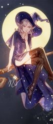 1boy androgynous boots braid broom broom_riding crossdressing crossed_legs dress dungeon_meshi elf finger_to_mouth flying full_moon grey_eyes grey_hair half_up_braid hat highres kabe_piko lamp looking_at_viewer male_focus medium_hair mithrun mithrun_(young) moon pointy_ears purple_dress side_slit sidesaddle solo thigh_boots trap wavy_hair witch witch_hat