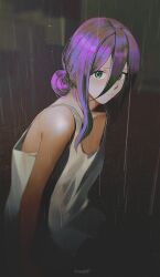 1girl absurdres chainsaw_man closed_mouth green_eyes hair_between_eyes highres long_hair_between_eyes looking_at_viewer night outdoors purple_hair rain reze_(chainsaw_man) ruuudy_(shirozu07) solo tank_top twitter_username white_tank_top