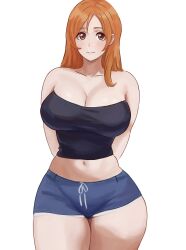 1girl ai-assisted alternate_costume arms_behind_back black_shirt bleach blue_shorts breasts brown_eyes closed_mouth commentary heyy_vivii highres inoue_orihime large_breasts light_smile long_hair looking_at_viewer midriff navel shirt short_shorts shorts solo strapless strapless_shirt thick_thighs thighs white_background