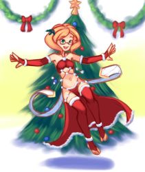 1girl bikini blonde_hair bow breasts bridal_gauntlets christmas christmas_ornaments christmas_tree christmas_wreath collarbone dancer drantyno floating fur-trimmed_bikini fur-trimmed_gloves fur-trimmed_legwear fur_trim genie glasses gloves green_eyes harem_outfit highres looking_down medium_breasts mistletoe mistletoe_hair_ornament navel navel_piercing open_mouth piercing red_bikini red_gloves red_thighhighs santa_costume short_hair smile swimsuit teeth thighhighs wreath yellow_background