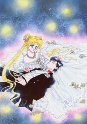1990s_(style) 1boy 1girl :d absurdres artbook bishoujo_senshi_sailor_moon black_hair blonde_hair blue_background blue_eyes chiba_mamoru closed_eyes couple double_bun dress earrings flower flower_request formal_clothes hair_bun hetero highres incredibly_absurdres jewelry lap_pillow long_hair mask off_shoulder official_alternate_costume official_art open_mouth pink_lips retro_artstyle rose scan short_hair smile split_mouth suit takeuchi_naoko tsukino_usagi tuxedo tuxedo_kamen unworn_mask very_long_hair very_short_hair wavy_hair white_dress white_flower white_mask white_rose