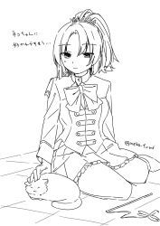Rule 34 | 1girl, :3, animal, arm at side, assault lily, benini, bow, bowtie, cat, cat teaser, closed mouth, crescent, crescent earrings, earrings, frilled skirt, frills, full body, greyscale, hair ornament, herensuge girls academy school uniform, high ponytail, highres, jacket, jewelry, light blush, light smile, lineart, long sleeves, looking at animal, looking down, makino mitake, miniskirt, monochrome, on floor, parted bangs, petting, pleated skirt, ponytail, school uniform, short hair, simple background, single earring, sitting, skirt, solo, translation request, twitter username, white background, yokozuwari