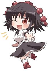 1girl ;d black_hair black_ribbon black_skirt blush chibi chibi_only collared_shirt commentary frilled_skirt frills full_body geta hat highres looking_at_viewer neck_ribbon notice_lines one_eye_closed open_mouth pom_pom_(clothes) red_eyes red_hat red_shoes ribbon rokugou_daisuke shameimaru_aya shirt shoes short_hair short_sleeves signature simple_background skirt smile socks solo standing tengu-geta tokin_hat touhou white_background white_shirt white_socks