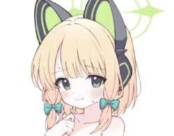 Rule 34 | 1girl, animal ear headphones, animal ears, blonde hair, blue archive, bow, cat ear headphones, cat ears, closed mouth, collarbone, commentary request, fake animal ears, green bow, green eyes, green halo, hair bow, halo, hand up, headphones, looking at viewer, low-tied sidelocks, midori (blue archive), nude, out-of-frame censoring, portrait, short hair, sidelocks, simple background, solo, suiran (suiran0111), sweat, white background