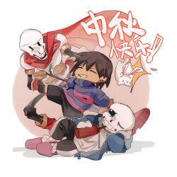 1other 2boys =_= absurdres animal_ear_hairband animal_ears annoying_dog black_pants blue_jacket blue_shorts blue_sweater boots bright_pupils brothers brown_boots brown_hair cape child chinese_commentary chinese_text chinese_zodiac circle commentary_request dog fake_animal_ears floating_cape frisk_(undertale) gloves grey_hood greyscale grin hairband hand_on_own_head happy heichiyo height_difference highres holding holding_plate holding_stick hollow_eyes hood hood_down hooded_jacket jacket kicking long_sleeves looking_at_another lying monochrome mooncake multiple_boys on_side one_eye_closed open_clothes open_jacket open_mouth pants papyrus_(undertale) pink_slippers plate puffy_long_sleeves puffy_short_sleeves puffy_sleeves rabbit_ear_hairband rabbit_ears red_boots red_cape red_gloves red_scarf sans_(undertale) scarf shadow shirt short_hair short_sleeves shorts siblings skeleton slippers smile socks stick striped_clothes striped_sweater sweater sweatpants t-shirt translation_request turtleneck turtleneck_sweater undertale v-shaped_eyebrows white_background white_dog white_pupils white_shirt white_socks year_of_the_rabbit zipper
