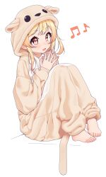 1girl :d absurdres barefoot blonde_hair blush brown_eyes commentary cosplay fake_tail feet full_body hands_up highres hololive hololive_dev_is hood hood_down kigurumi knees_up looking_at_viewer lucasyecla99 musical_note open_mouth otonose_kanade own_hands_together sidelocks simple_background sitting sleepwear smile solo tail toenails toes virtual_youtuber white_background