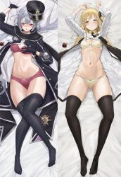2girls absurdres aphrodisiac bed_sheet blonde_hair blush clothes_pull collared_dress dakimakura_(medium) dress duel_monster green_eyes grey_hair highres long_hair long_sleeves lying multiple_girls necktie on_back open_clothes pantyhose pantyhose_pull red_eyes sayaka_ikku skindentation sky_striker_ace_-_raye sky_striker_ace_-_roze twintails two-tone_dress yu-gi-oh!