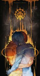 2boys arm_around_waist body_markings character_name completely_nude cowboy_shot hand_on_another&#039;s_shoulder highres honkai:_star_rail honkai_(series) infinity_symbol male_focus medium_hair multiple_boys muscular muscular_male mydei_(honkai:_star_rail) nude painterly phainon_(honkai:_star_rail) revelryfive short_hair twitter_username yaoi