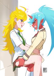 1futa 1girl against_wall angry_sex artist_name blonde_hair blue_eyes blue_hair blush breasts carrying censored clenched_teeth collared_shirt colored_skin demon_girl drooling earrings eyeshadow futa_with_female futanari glasses hanamuko hand_on_another&#039;s_hip heart highres horns jewelry kneesocks_(psg) long_hair makeup mosaic_censoring necktie panty_&amp;_stocking_with_garterbelt panty_(psg) penis pink_eyeshadow pointy_ears ponytail red_skin school_uniform sex shirt single_horn skindentation skirt small_breasts sweat teeth thighhighs thighs vaginal yellow_eyes
