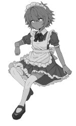 1boy alternate_costume antenna_hair apron arm_support back_bow bow bowtie closed_mouth collared_dress commentary_request contrast_collar double-parted_bangs dress enmaided frilled_apron frilled_dress frilled_sleeves frills frown full_body greyscale hair_between_eyes hand_up headdress invisible_chair looking_at_viewer maid maid_apron maid_headdress male_focus mary_janes monochrome my_loleeta omori puffy_short_sleeves puffy_sleeves shoes short_dress short_hair short_sleeves simple_background sitting skinny solo stranger_(omori) thighhighs upturned_eyes white_background zettai_ryouiki
