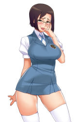 Rule 34 | 10s, 1girl, breasts, brown eyes, brown hair, female focus, glasses, highres, large breasts, lips, lipstick, makeup, mature female, motchie, school uniform, short hair, simple background, solo, takakura naoko, tari tari, thighhighs, white background, white thighhighs