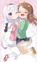 2girls beads black_skirt blue_eyes brown_hair brown_shoes closed_eyes closed_mouth dot_mouth green_shirt hair_beads hair_ornament heart highres kanna_kamui kobayashi-san_chi_no_maidragon long_hair long_sleeves makuran miniskirt multiple_girls one_eye_closed open_mouth red_shoes saikawa_riko shirt shoes skirt thighhighs twintails very_long_hair white_thighhighs yuri