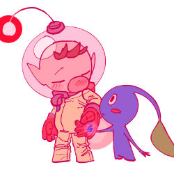 Rule 34 | 1boy, backpack, bag, big nose, black eyes, blue pikmin, blue skin, blush, blush stickers, brown hair, buttons, closed eyes, colored skin, cropped legs, gloves, head tilt, height difference, helmet, highres, holding hands, nintendo, nose blush, olimar, parted lips, pikmin (creature), pikmin (series), radio antenna, red bag, red gloves, short hair, simple background, space helmet, spacesuit, triangle mouth, very short hair, whistle, white background, yu pikmin