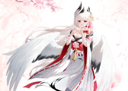Rule 34 | 1girl, absurdres, branch, breasts, cleavage, feathered wings, flower, hair flower, hair ornament, head wings, heart, heart hands, highres, japanese clothes, kimono, large breasts, light blush, long hair, long sleeves, looking at viewer, multiple wings, open mouth, original, oversized wings, pink flower, red eyes, red sash, sash, solo, tsuru ai momono, very long hair, white hair, white kimono, white wings, wide sleeves, wings