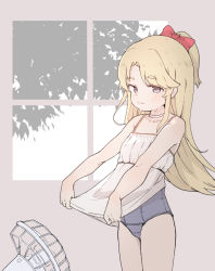 1girl black_one-piece_swimsuit blonde_hair bow child clothes_lift cowboy_shot dress dress_lift fan female_focus hair_bow himesaka_noa holding holding_unworn_clothes holding_unworn_dress long_hair looking_at_viewer one-piece_swimsuit red_bow s10021 smile solo swimsuit swimsuit_under_clothes tree watashi_ni_tenshi_ga_maiorita! white_dress