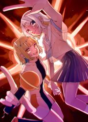 2girls black_skirt blonde_hair blue_hair blue_necktie blue_trim blunt_bangs brown_eyes colored_inner_hair dress gloves grey_shirt hair_ornament hairpin haze_haseru_haterumade_(zutomayo) headgear highres holding holding_microphone microphone milabo_(zutomayo) multicolored_hair multiple_girls necktie nira-chan nira-chan_(haze_haseru_haterumade)_(zutomayo) nira-chan_(milabo)_(zutomayo) open_mouth pleated_skirt sailor_collar school_uniform serafuku sharrard_cole shirt short_hair short_sleeves skirt sleeveless sleeveless_dress smile socks streaked_hair white_dress white_eyes white_gloves white_hair white_sailor_collar white_socks zutto_mayonaka_de_ii_no_ni