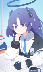 1girl :t absurdres black_gloves black_halo black_jacket blue_archive blue_necktie book coffee coffee_mug commentary_request cup desk fortysansan gloves halo highres holding holding_pen id_card jacket looking_to_the_side mechanical_halo millennium_science_school_logo mug necktie pen purple_eyes purple_hair shirt solo twintails white_jacket white_shirt writing yuuka_(blue_archive)