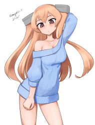 absurdres alternate_costume blue_sweater breasts brown_eyes brown_hair contrapposto cowboy_shot dress highres johnston_(kancolle) kantai_collection long_hair maru_(marg0613) medium_breasts one-hour_drawing_challenge ribbed_sweater simple_background sweater sweater_dress two_side_up white_background